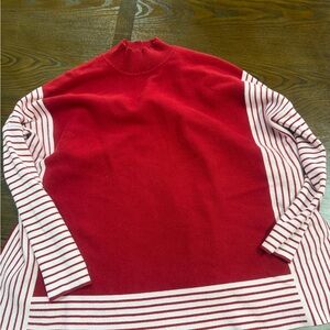 Elegant Red and White Striped Women's Sweater/poncho